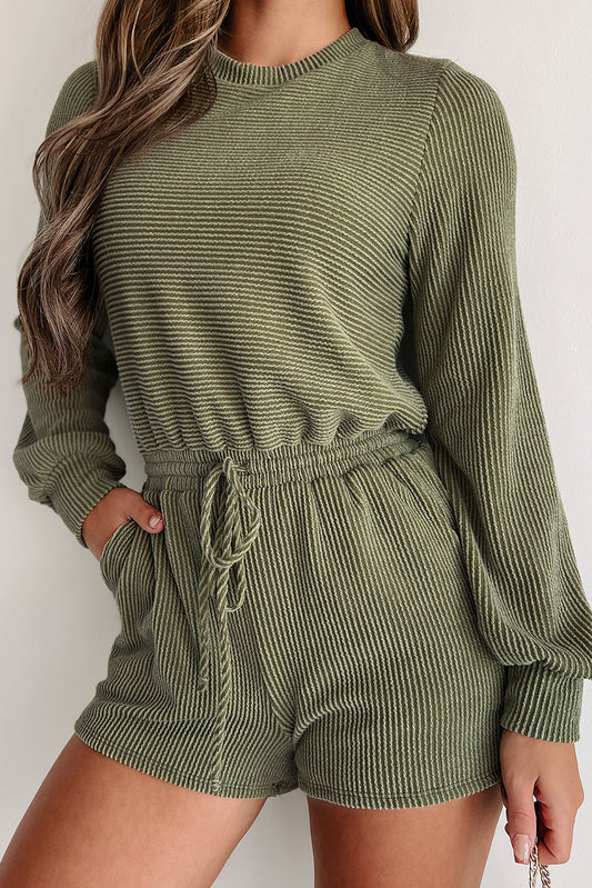 Corded Pullover Long Sleeve Drawstring Romper