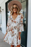 V Neck 3/4 Sleeve Floral Dress