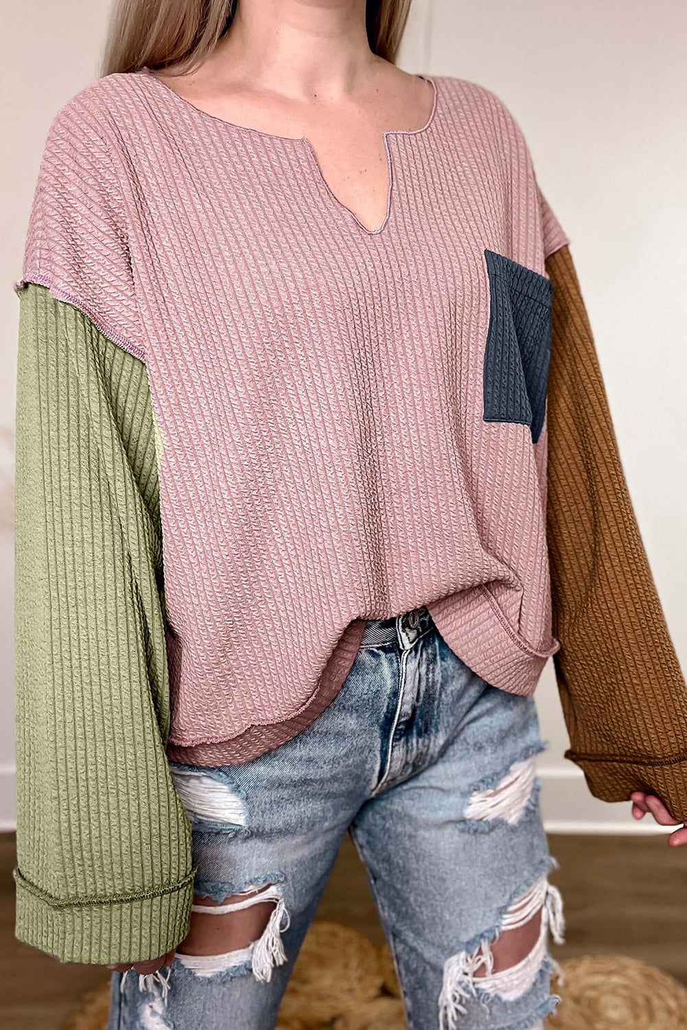 Colorblock Rib Textured Loose Long Sleeve Top