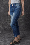 Jean skinny taille haute bleu délavé vintage à deux boutons 