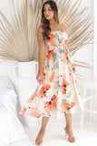 Strapless Shirred Abstract Print Split Long Dress