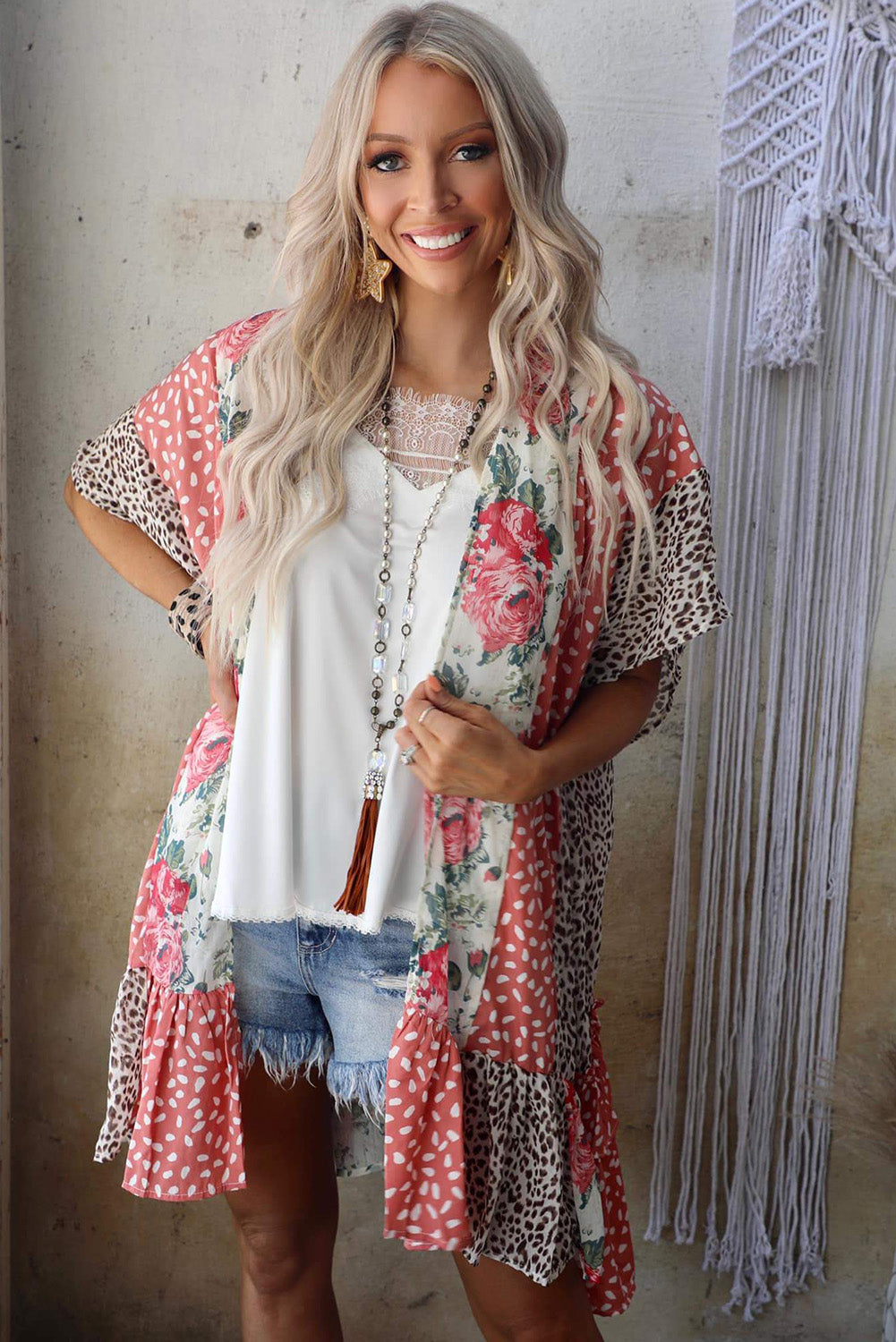 Kimono imprimé animal floral rose sauvage