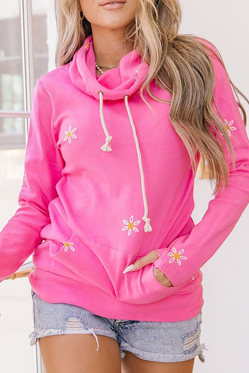 Flower Embroidered Thumbhole Sleeve Cowl Neck Sweatshirt