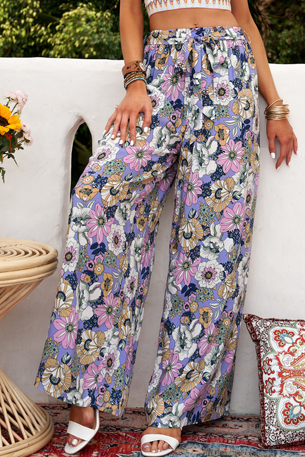 Bohemian Floral Pattern High Waist Flared Pants