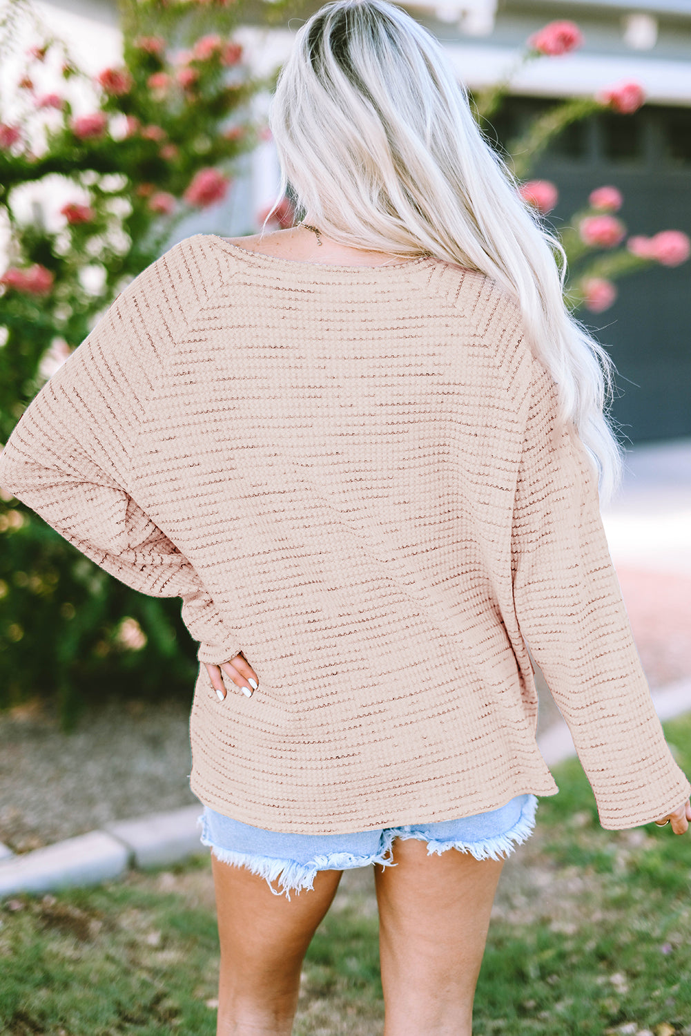 Waffled Knit Long Sleeve V-Neck Frayed Top