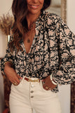 Floral Print Split Neck Pleated Puff Sleeve Blouse