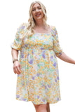 Plus Size Floral Print Ruffle Bubble Sleeve Babydoll Dress