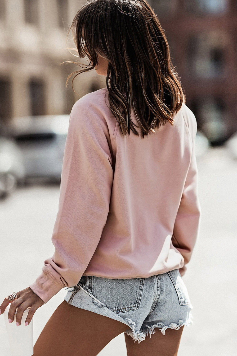 Pink French Terry Cotton Blend Pullover Sweatshirt