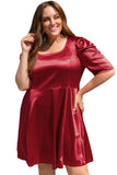 Robe midi évasée froncée à manches bouffantes de grande taille rouge