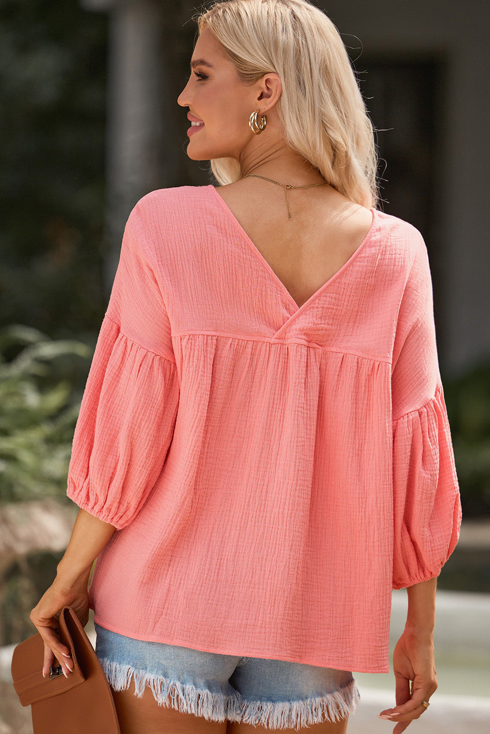 Textured V Neck Bracelet Sleeve Babydoll Blouse