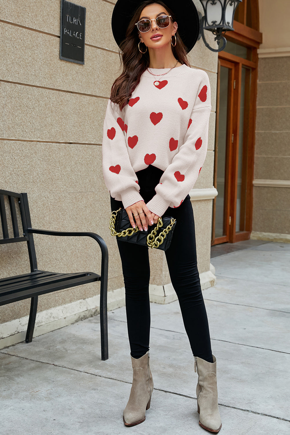 Heart Pattern Ribbed Trim Knit Sweater