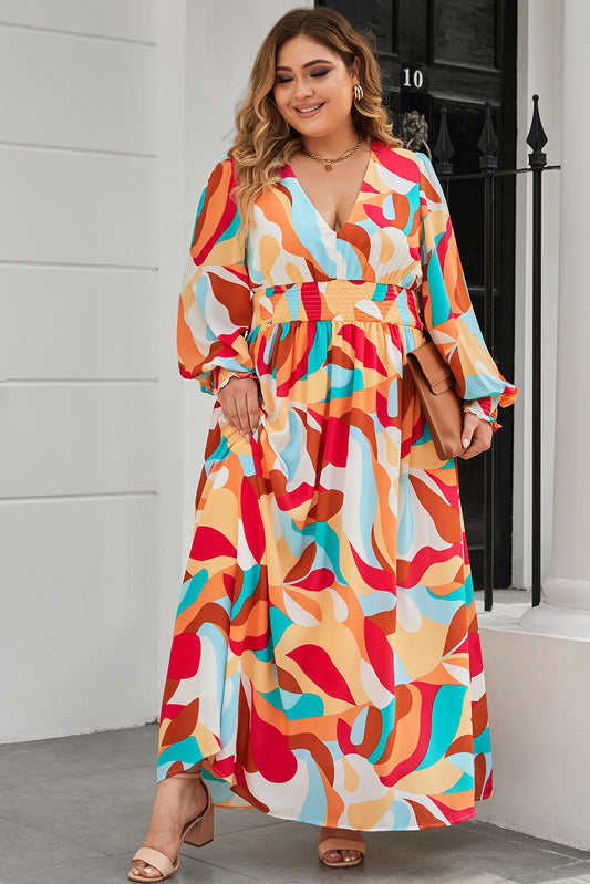 Plus Size Abstract Printed Bishop Sleeve Maxi Dress