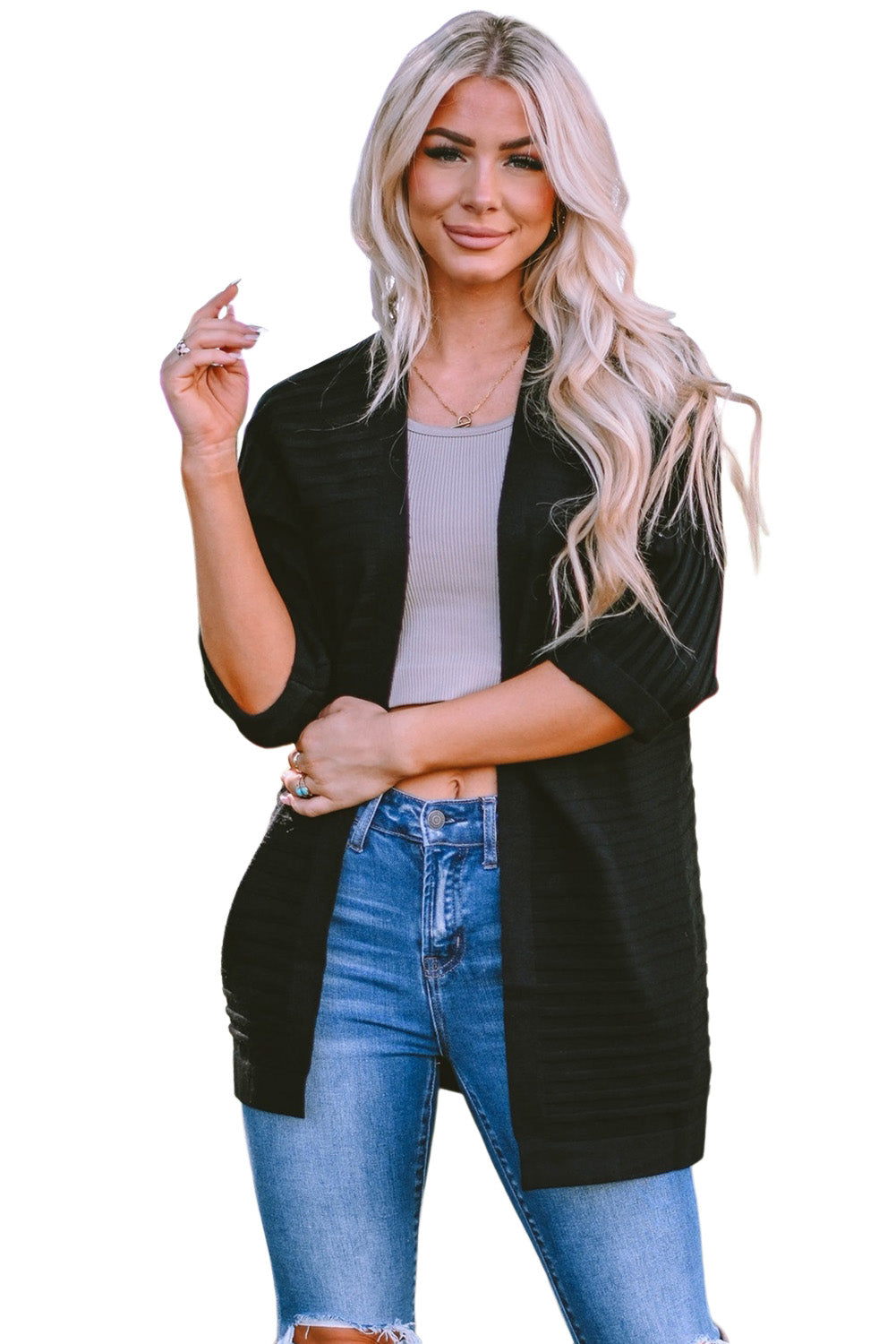 Ribbed Open Front Knit Cardigan