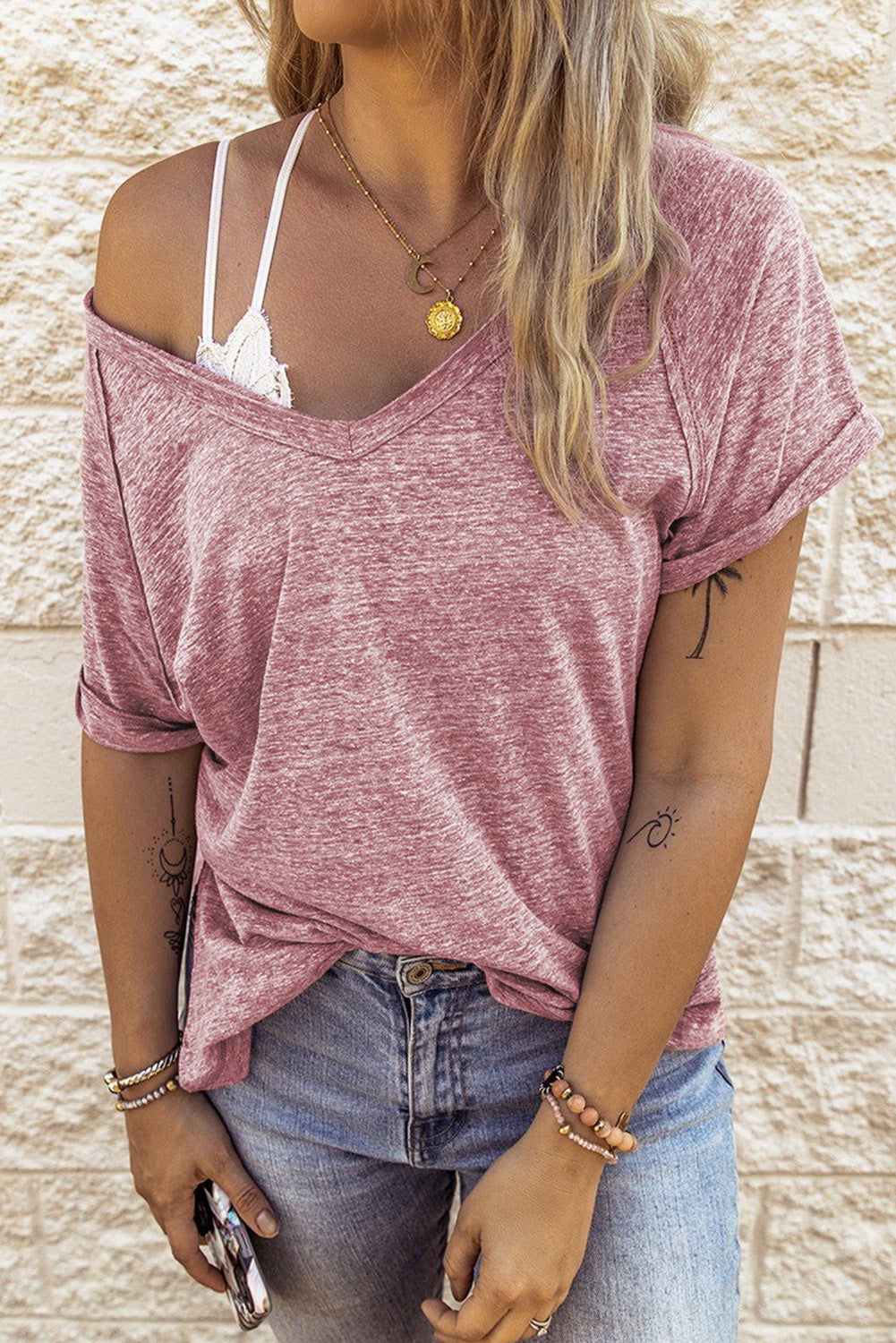 Marble Print Seamed V Neck T-shirt