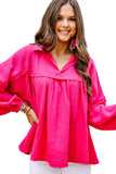 Crinkle Collared V-Neck Bubble Sleeve Flowy Blouse