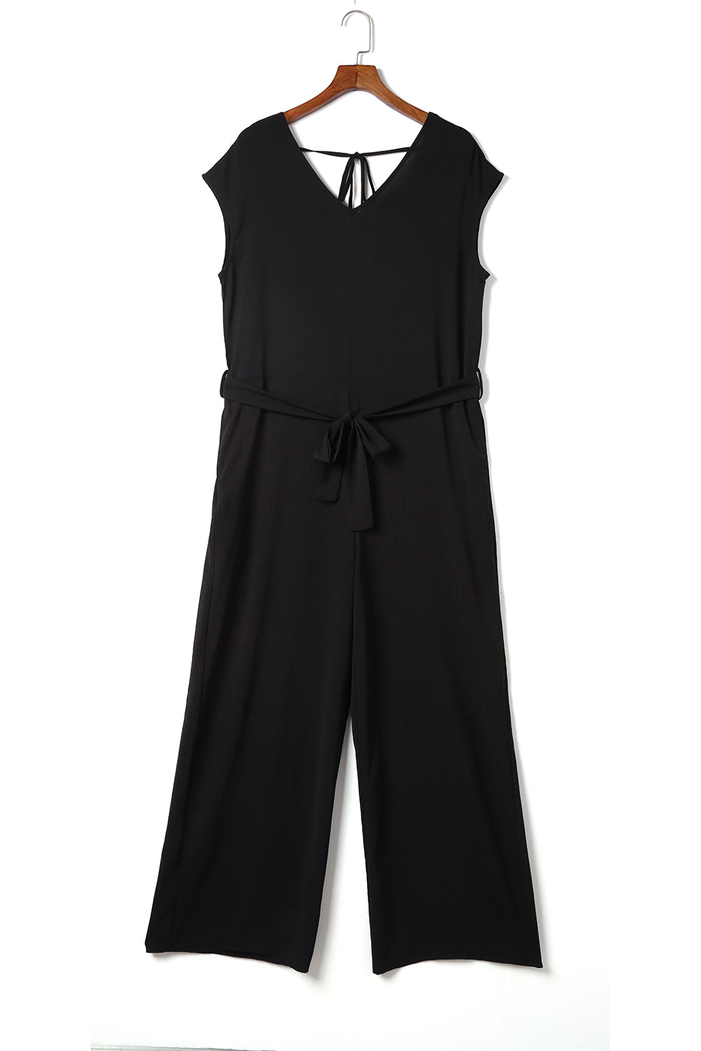 Sleeveless V Neck Belted Wide Leg Jumpsuit