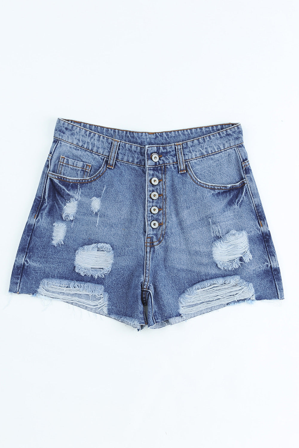 Short en denim vieilli taille haute à braguette boutonnée bleu ciel