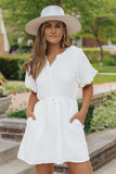 White Puff Sleeve Drawstring Shirt Dress with Pockets