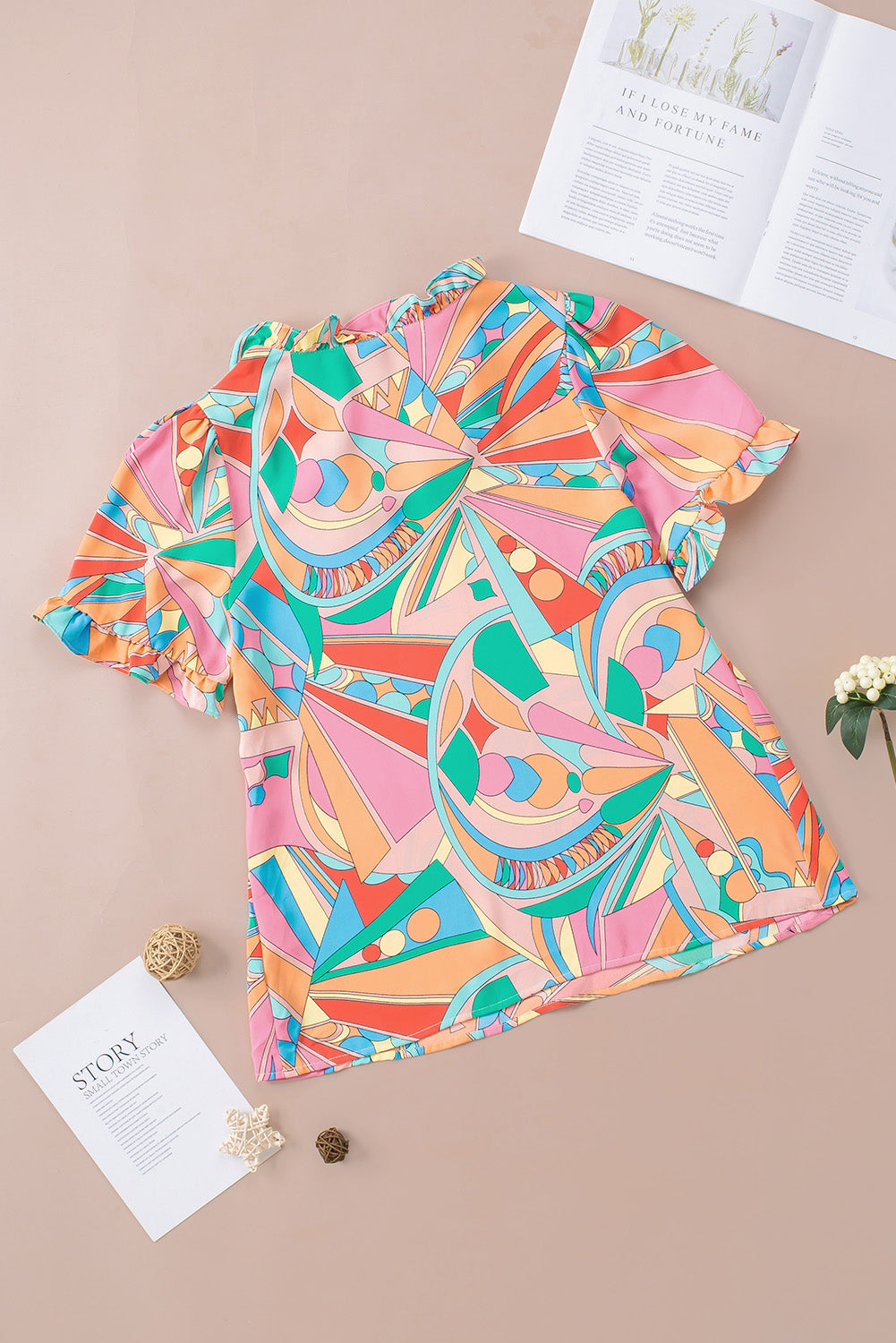 Abstract Geometry Print Half Puff Sleeve Loose Shirt