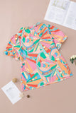 Abstract Geometry Print Half Puff Sleeve Loose Shirt