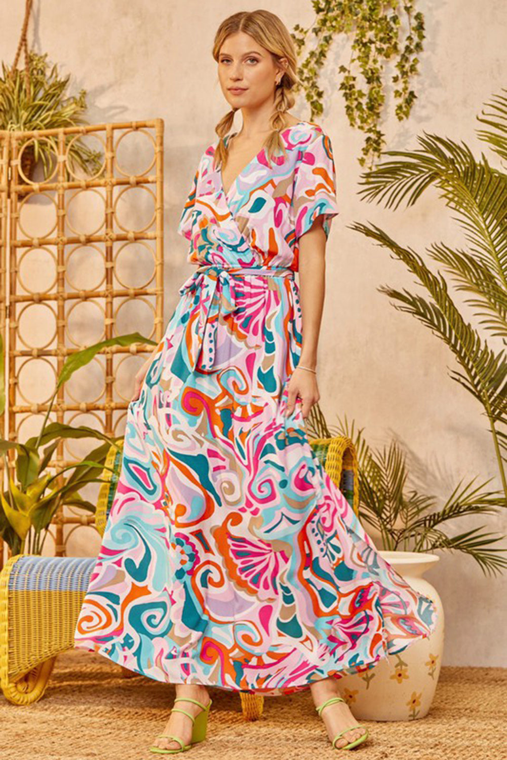 Abstract Printed Wrap V Neck Belted Maxi Dress