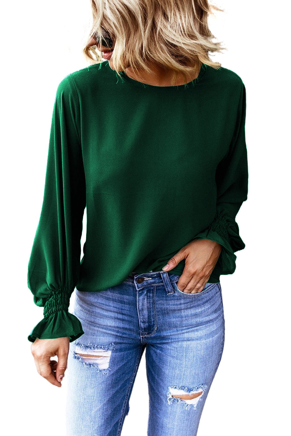 Crew Neck Ruffle Bubble Sleeve Top