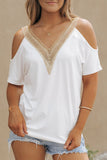 White Contrast Guipure Lace Cold Shoulder Tee