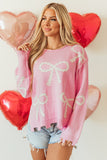 Pink Pearl Beaded Bowknot Pattern Distressed Split Hem Sweater