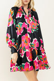 Black Flower Print Puff Sleeve Blouse