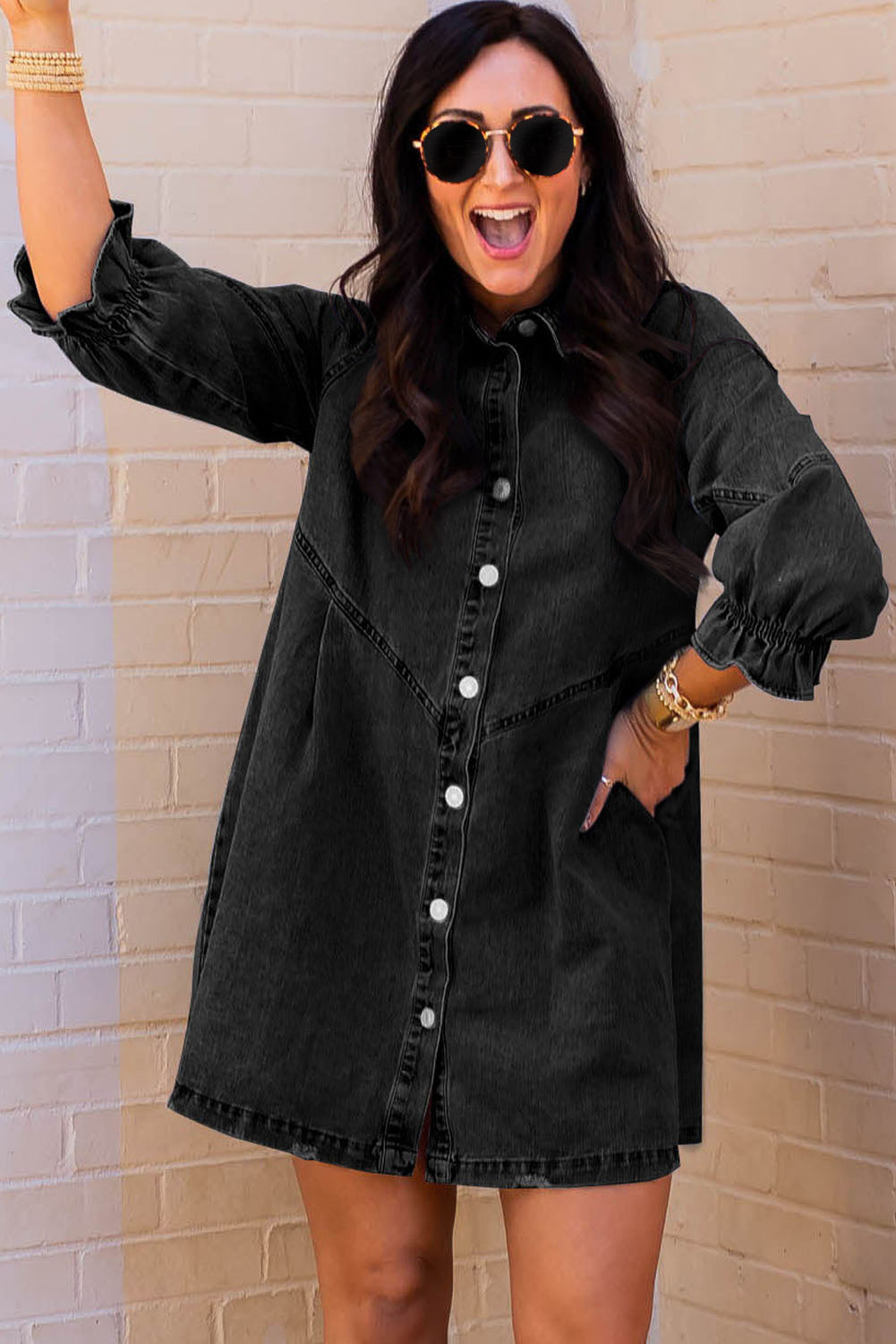 Gray Buttoned Long Sleeve Denim Mini Dress