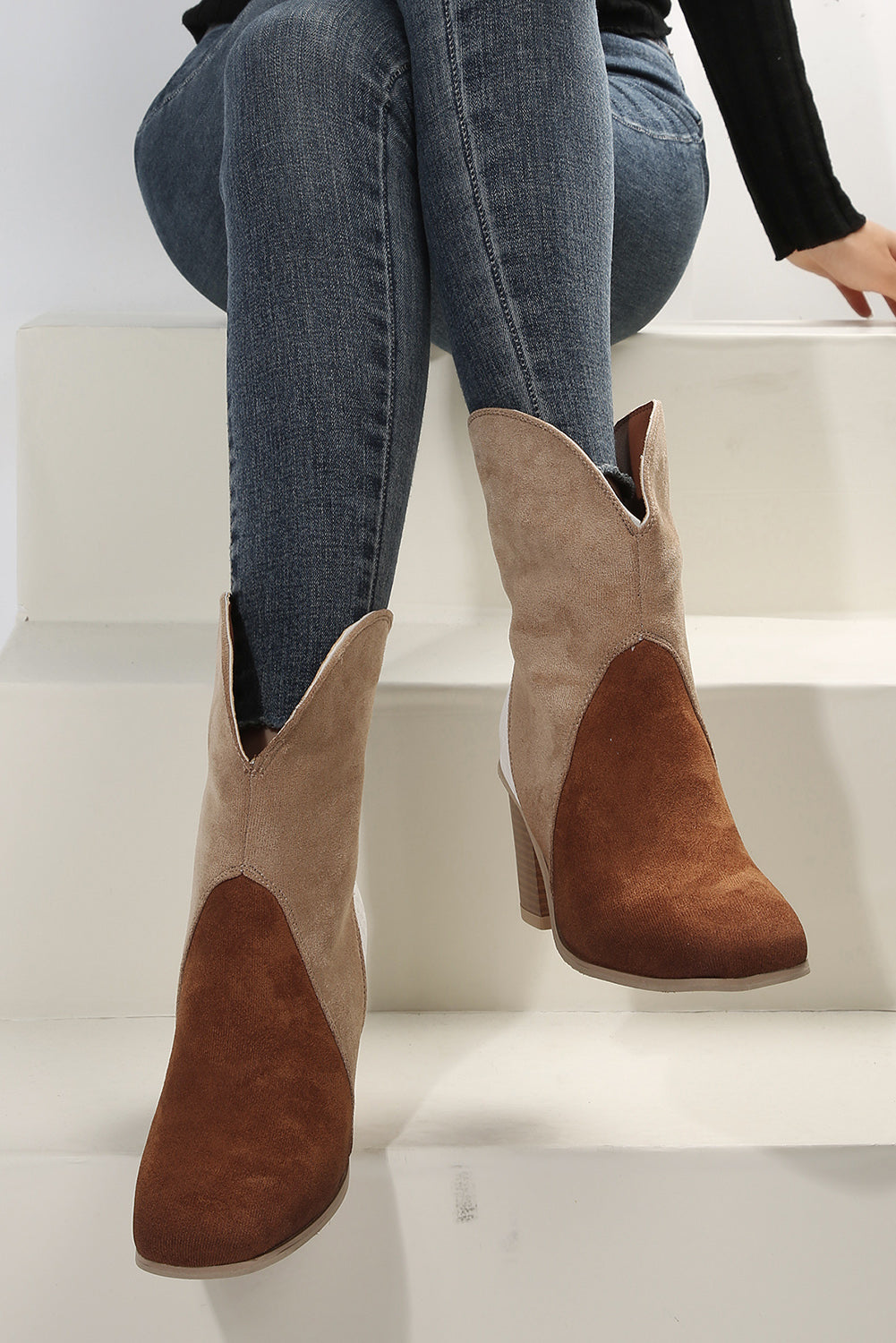 Colorblock Suede Heeled Ankle Booties