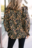 Plus Size Split Neck Ruffled Bubble Sleeve Floral Blouse