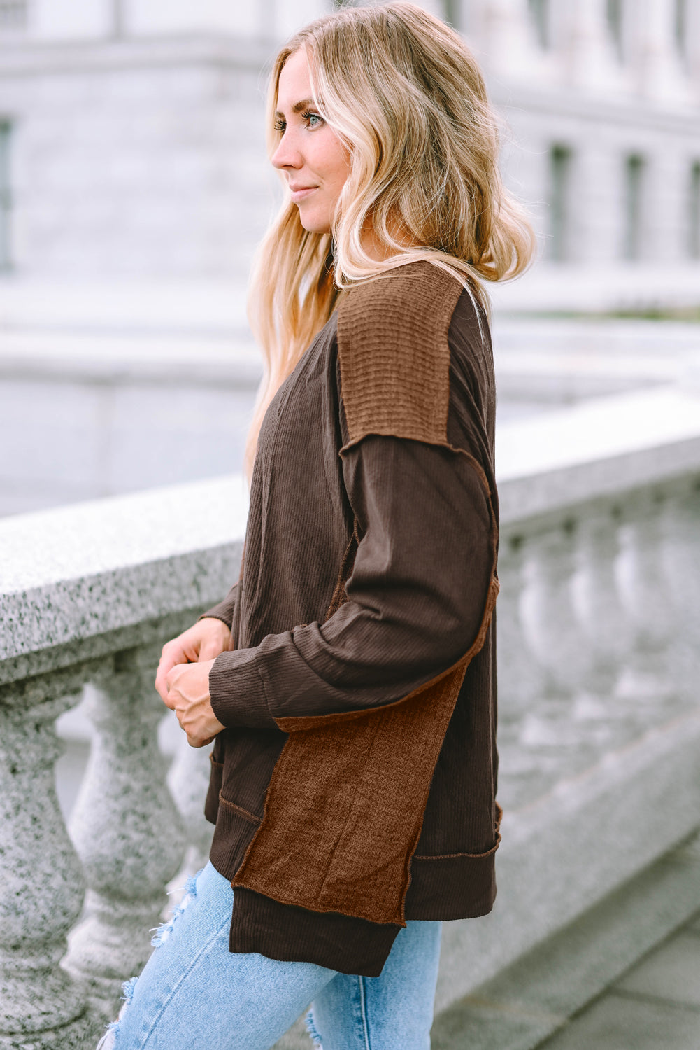 Brown Exposed Seam Patchwork Ribbed Knit Oversized Top