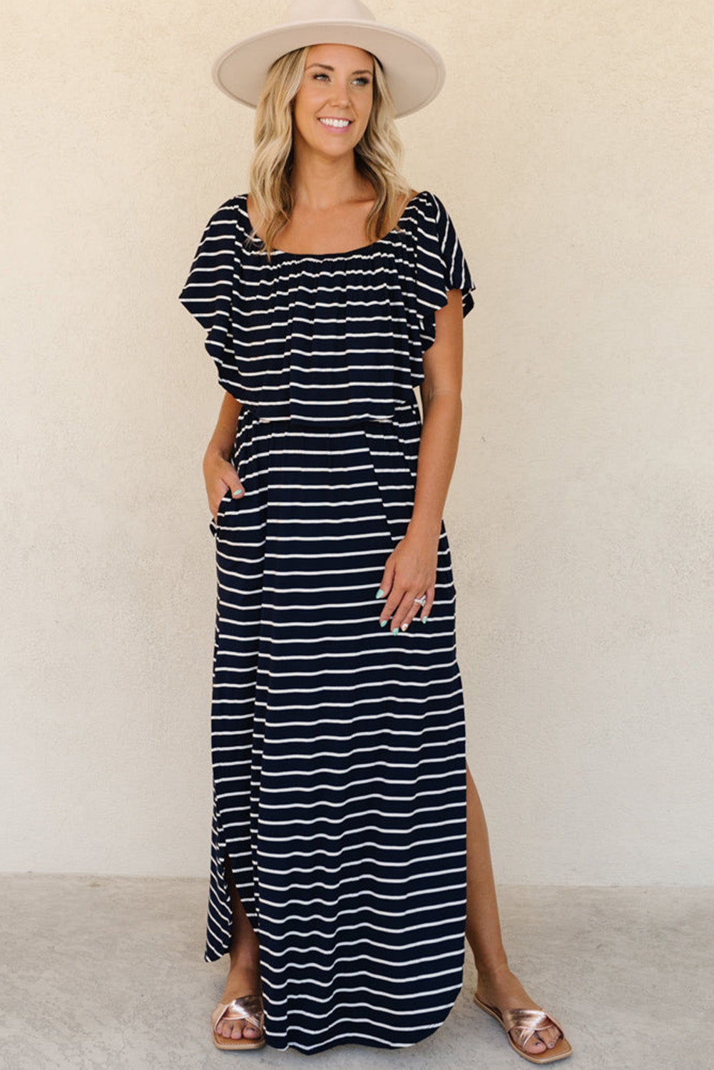 Striped Print Ruffled High Waist Maxi Dress with Side Splits