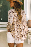 Brown Glitter Snake Grain Pleated Round Neck Blouse