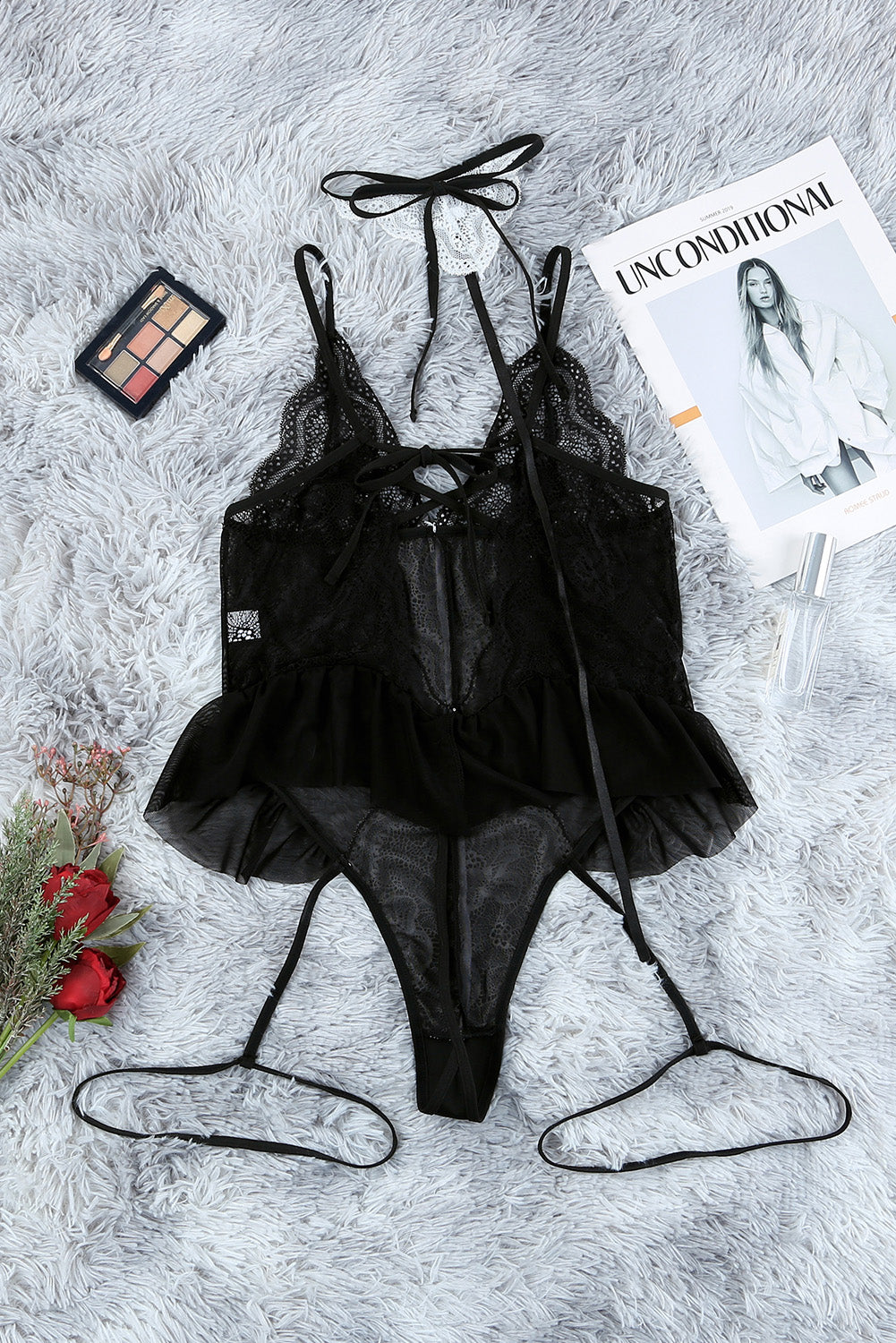 Lace Mesh Contrast Lace-up Straps Teddy Lingerie