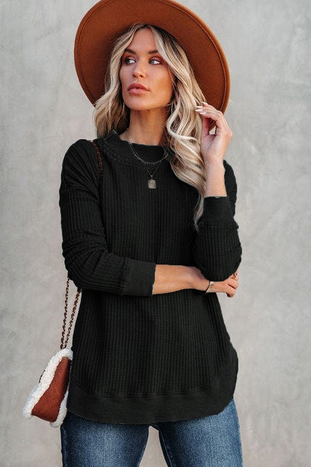 Crew Neck Ribbed Trim Waffle Knit Top