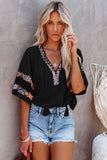 Tassel Drawstring Embroidered Half Sleeve V Neck Top