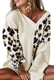 Asymmetric Leopard Patchwork Wide Sleeve V Neck Sweater