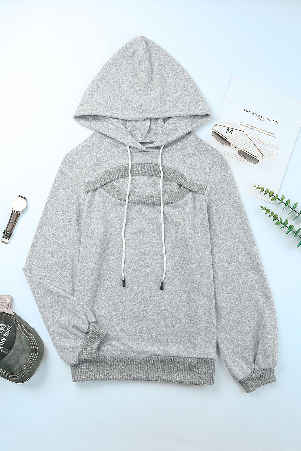 Ribbed Trim Cut-out Bust Drawstring Hoodie