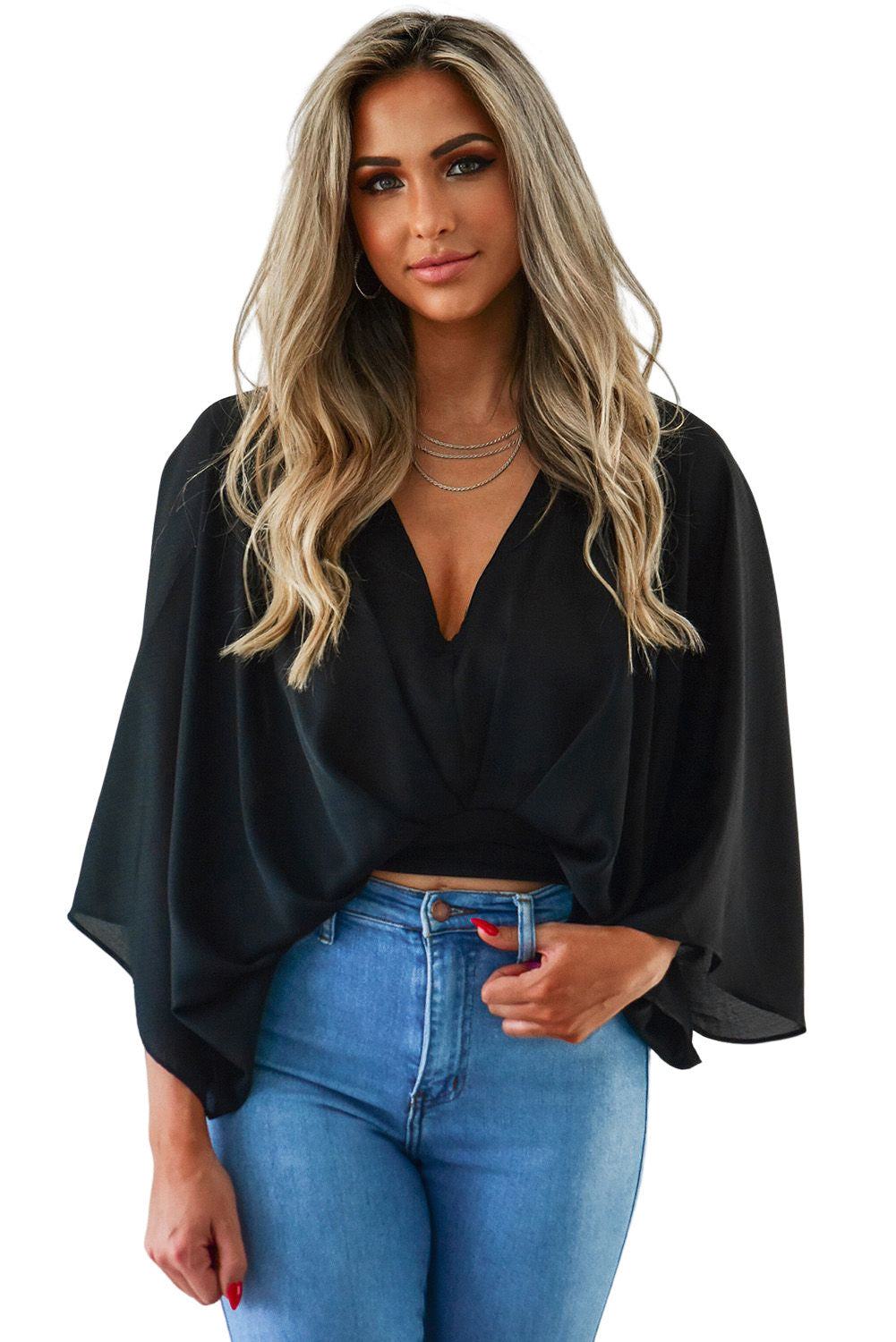 V Neck Flared Sleeves Crop Top