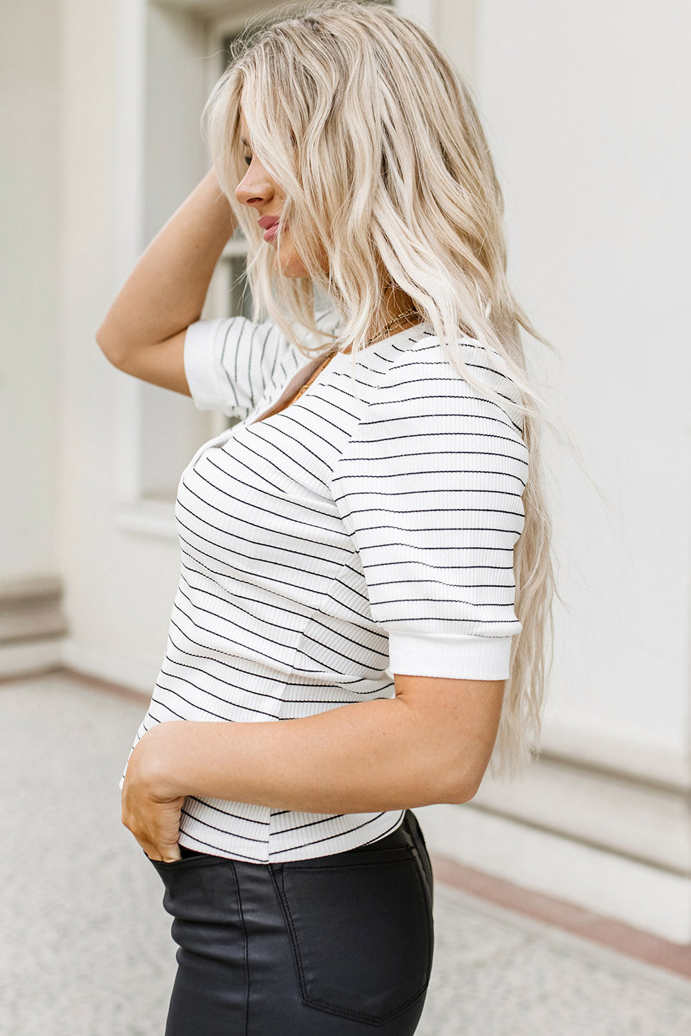 Striped Print Notch V Neck Short Sleeve Top