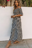 Printed Smocked Off Shoulder Ruffle Sleeve Maxi Dress