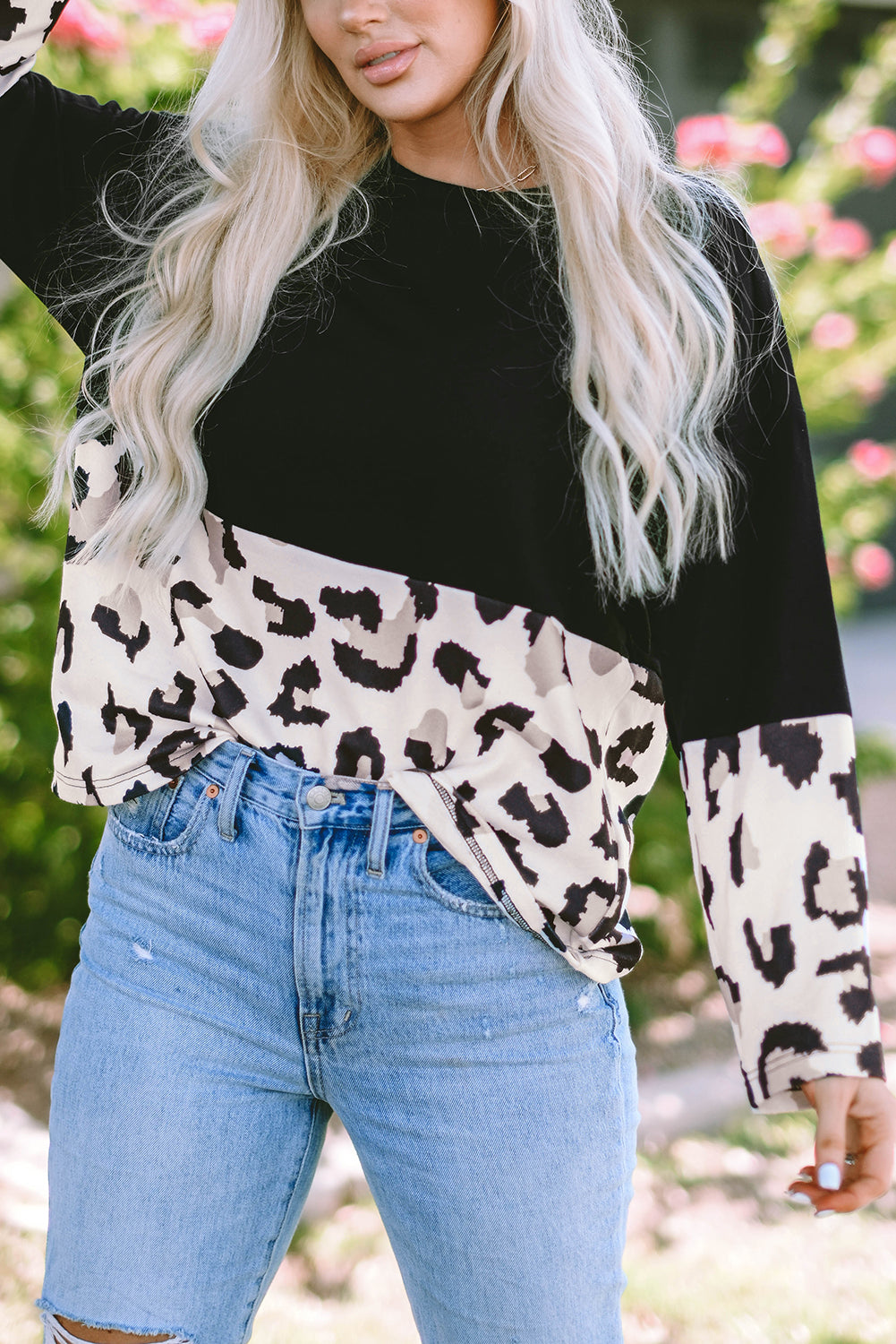 Leopard Color Block Long Sleeve Top