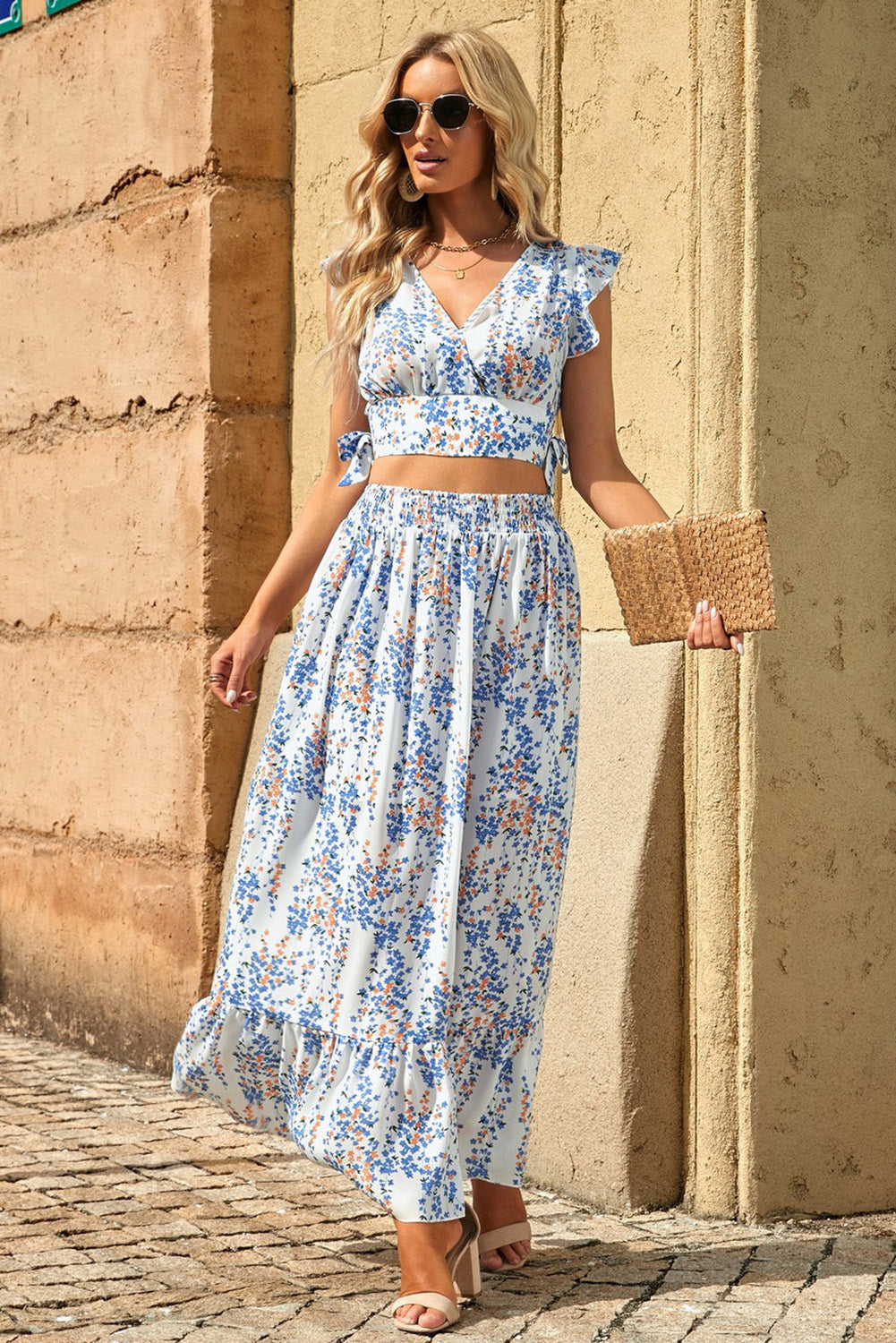 Floral Ruffled Crop Top and Maxi Skirt Set