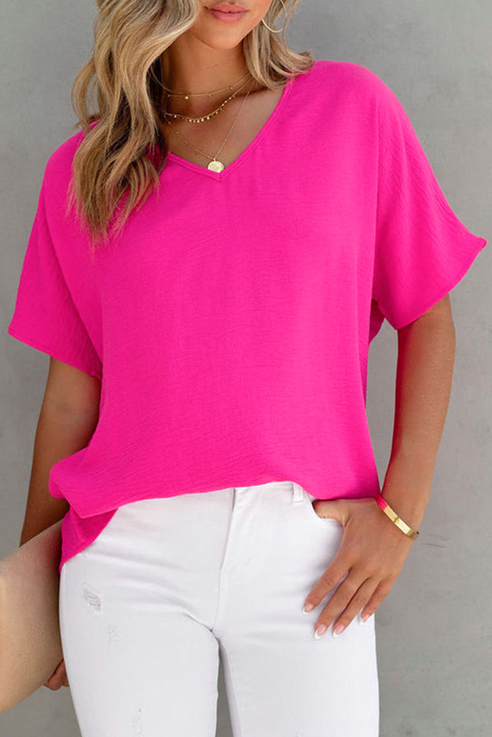 Solid V Neck Short Sleeve Blouse