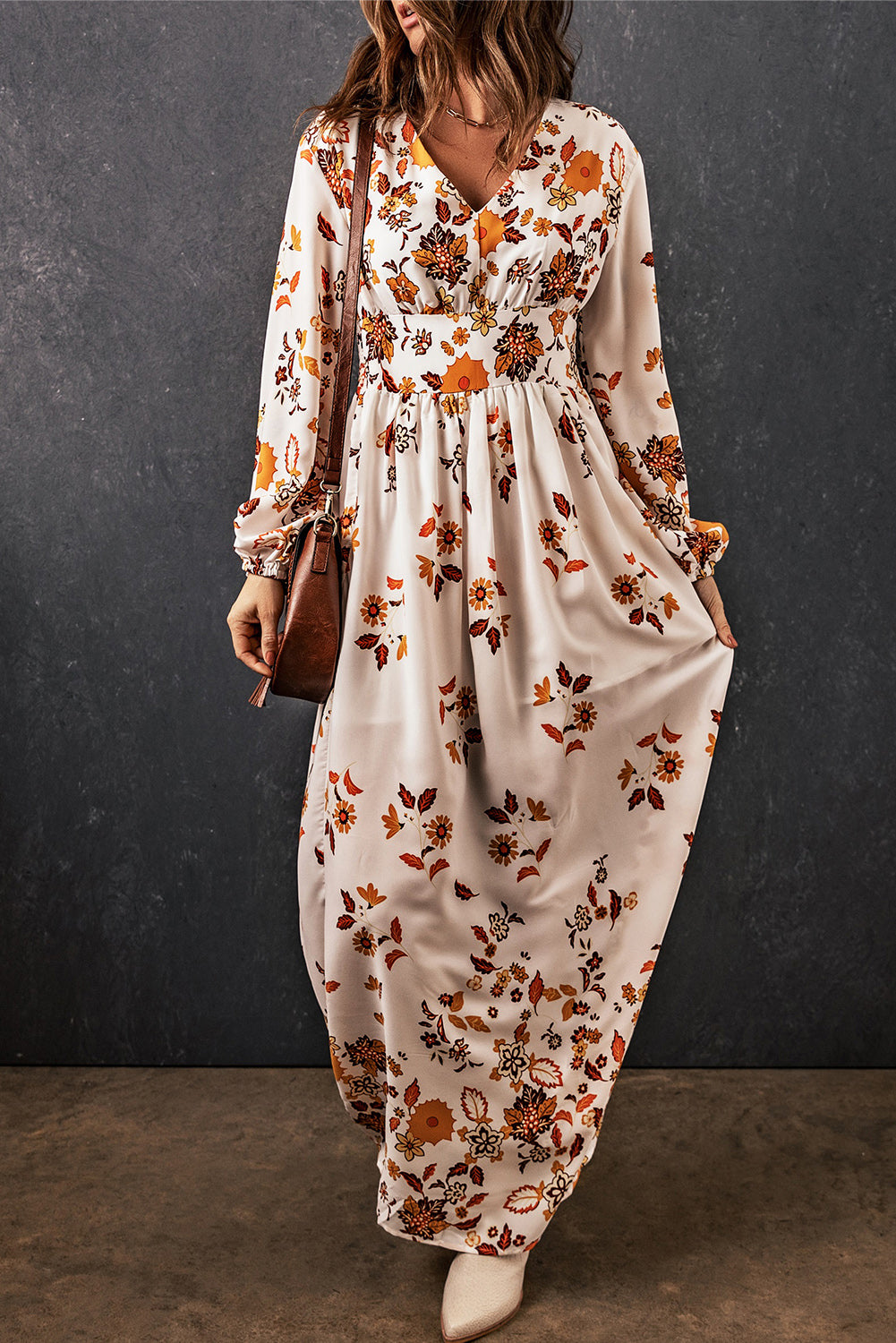 Leaf Print V Neck Puff Sleeve Maxi Dress