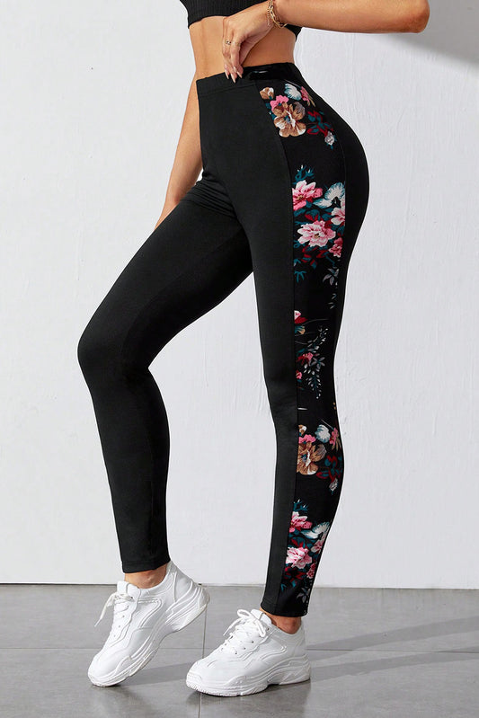 Floral Print Patch High Waist Leggings