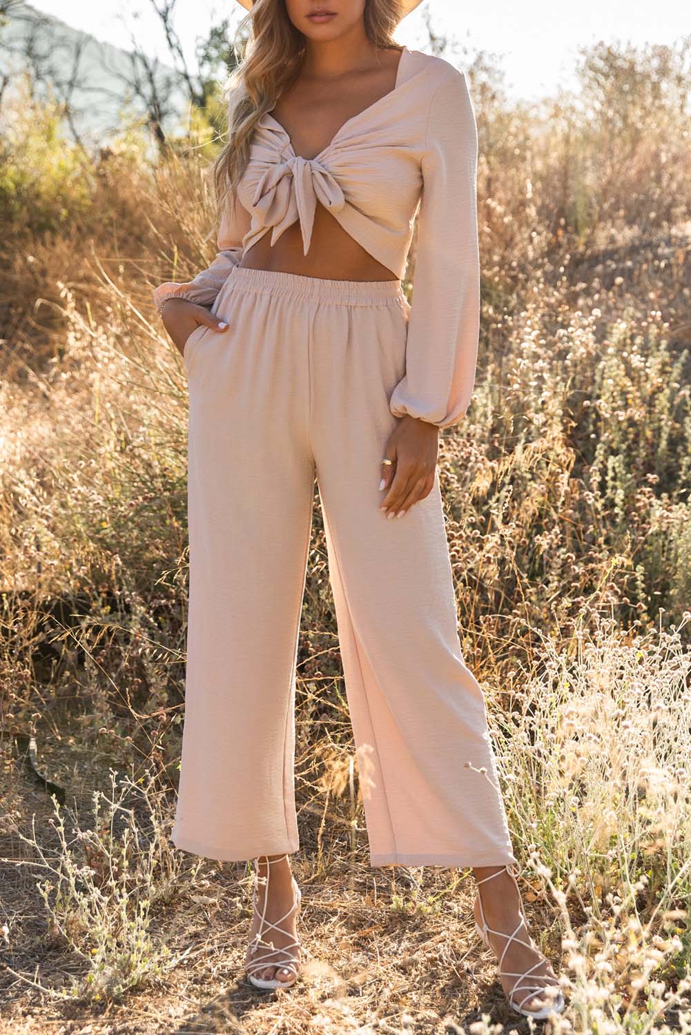 Puff Sleeve Knotted Crop Top and Cropped Pants Set