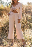 Puff Sleeve Knotted Crop Top and Cropped Pants Set